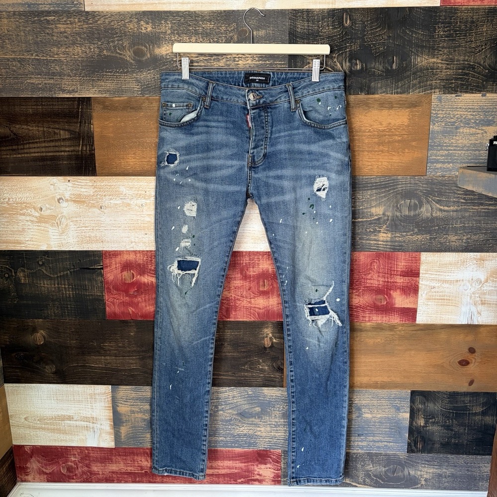 Dsquared2 Mens Distressed Biker Denim Jeans Paint Splatter Size 50 33x32